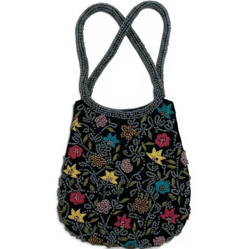 The Limited Vintage Beaded Floral Evening Bag Black Satin Pouch Y2K Embroidery